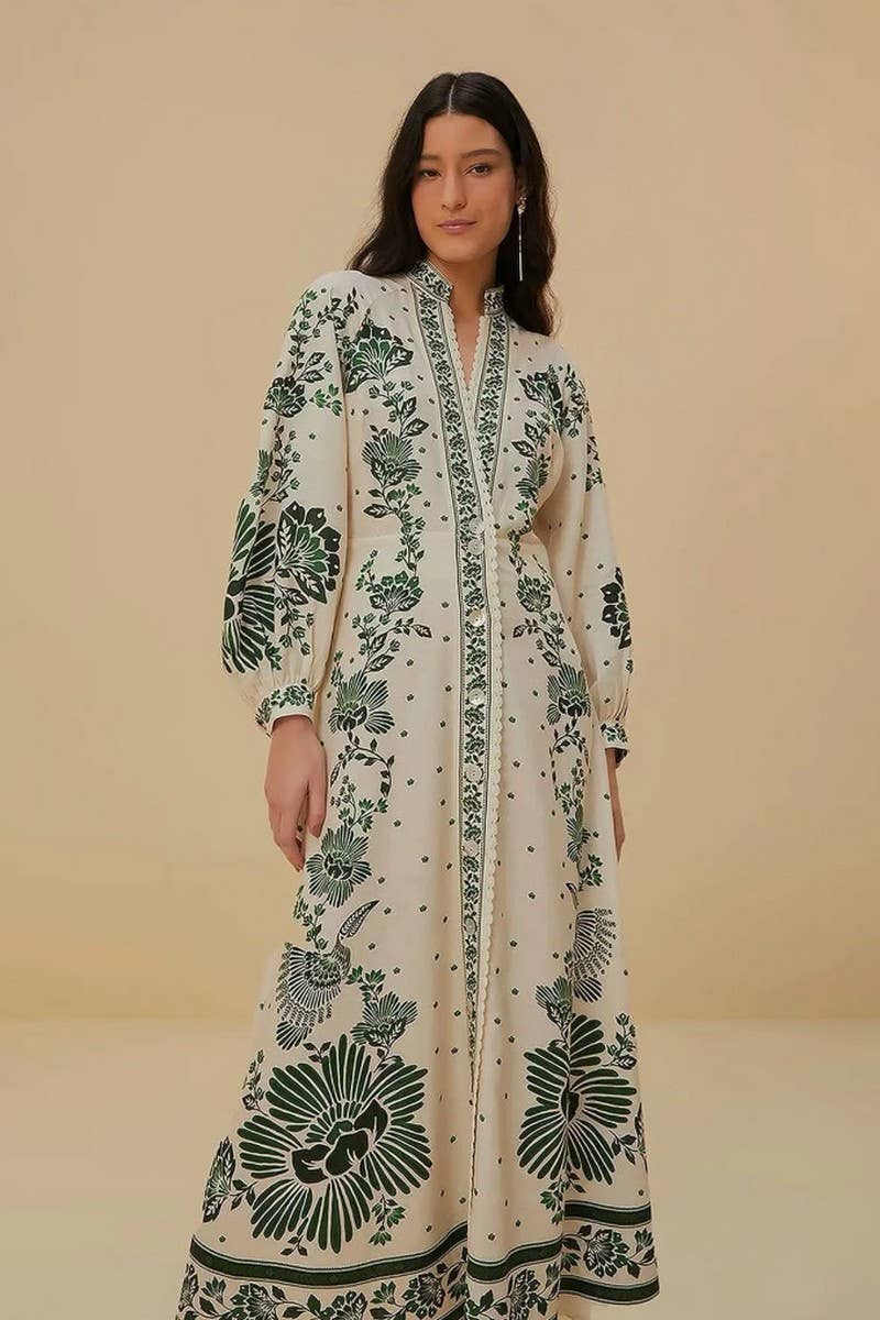 GREEN CWDMD4143_V-NECK LANTERN SLEEVE PRINTED LONG DRESS for wholesale on Faire