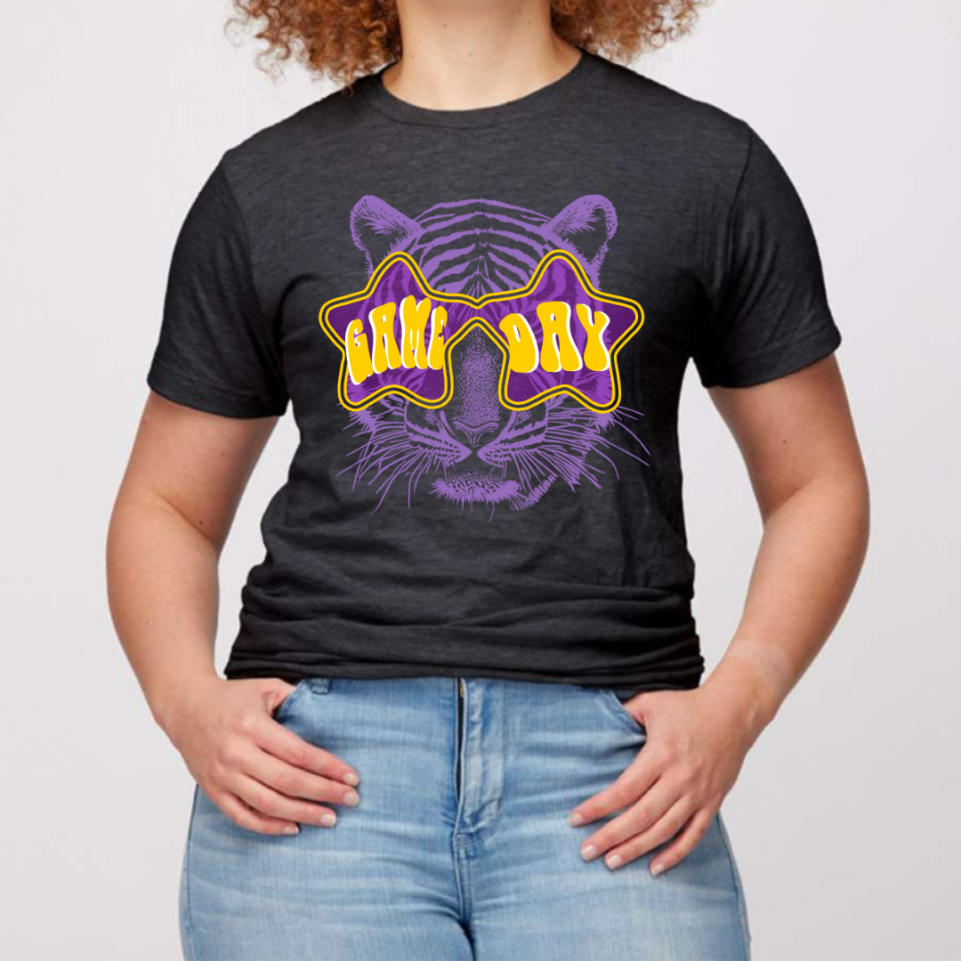 Pink House On River Road - Wholesale Screen Printed T-Shirt - Women's - Game Day Shade LSU Tigers Graphic Tee3