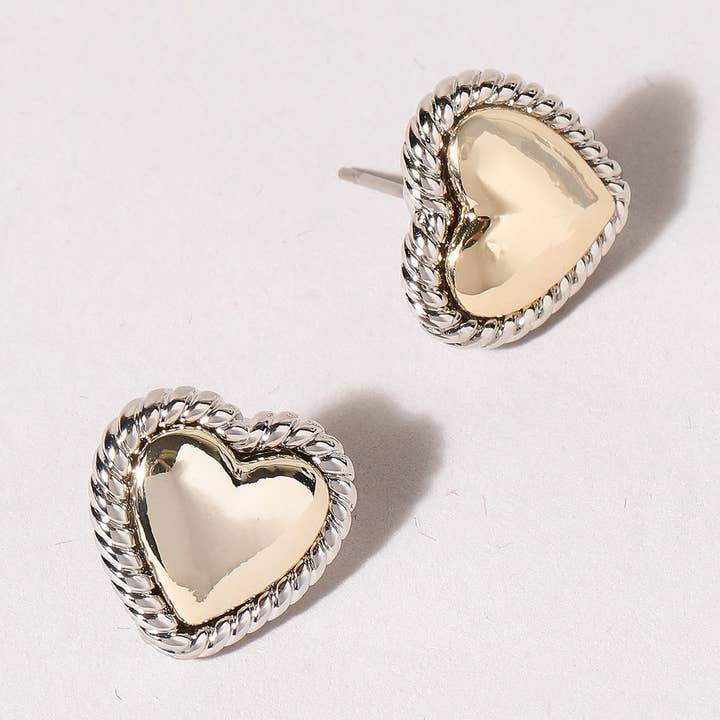 E Two Tone Gold Heart Stud Earrings for wholesale on Faire