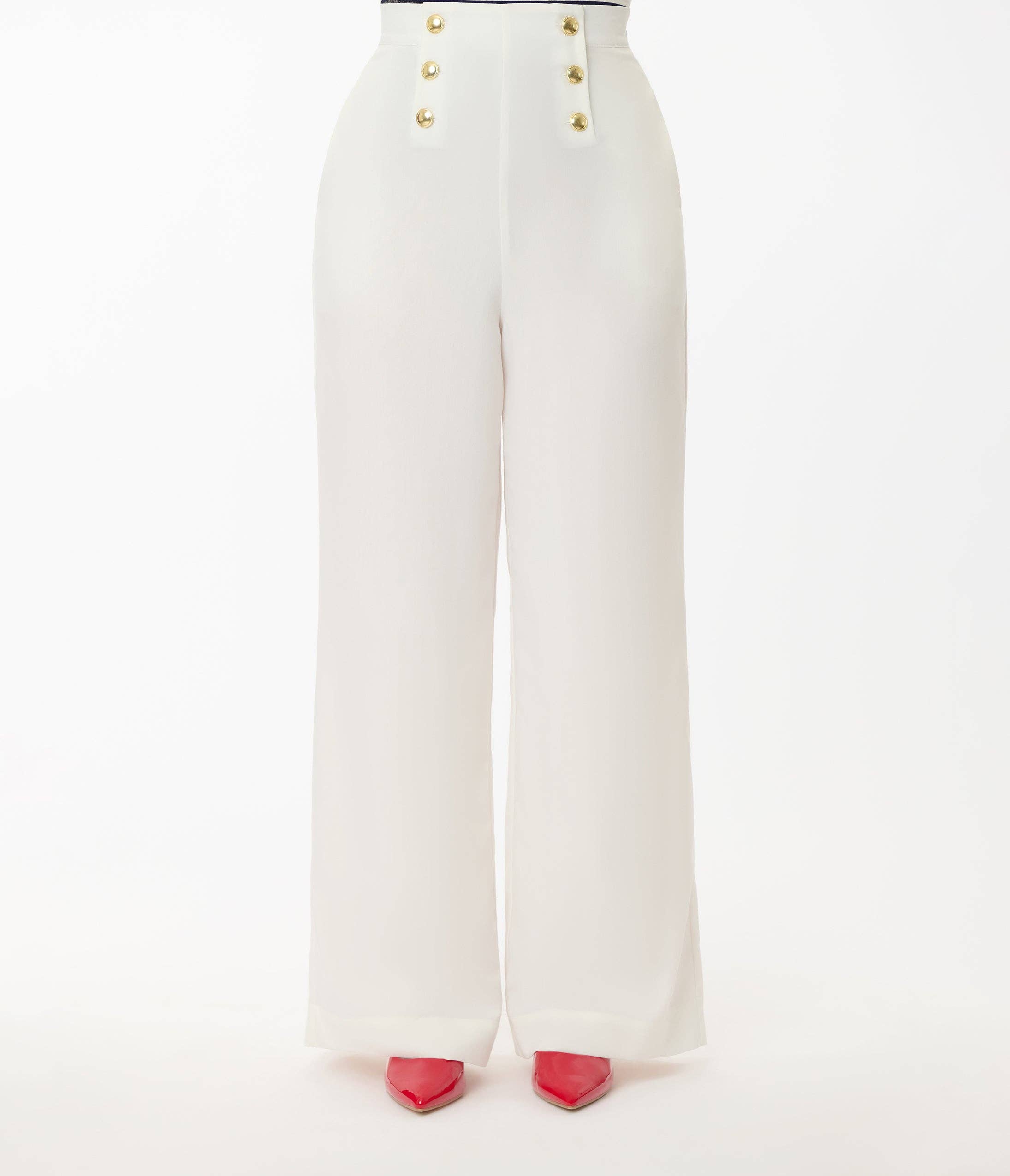 Unique Vintage - Wholesale Pants - Women's - Smak Parlour White & Gold Button Wide Leg Sailor Pants1