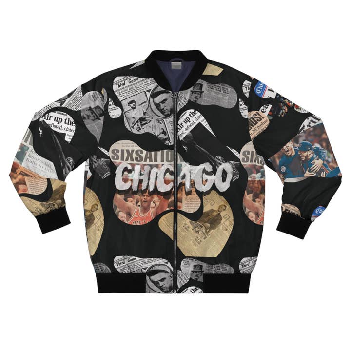 Chicago Newspaper Cutout Kimante All Black Bomber Jacket for wholesale by Kimante Clothing