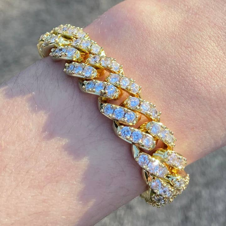 14k Gold Plated Cuban Link Bracelet 12mm 9in for wholesale by Prestige Jewelry