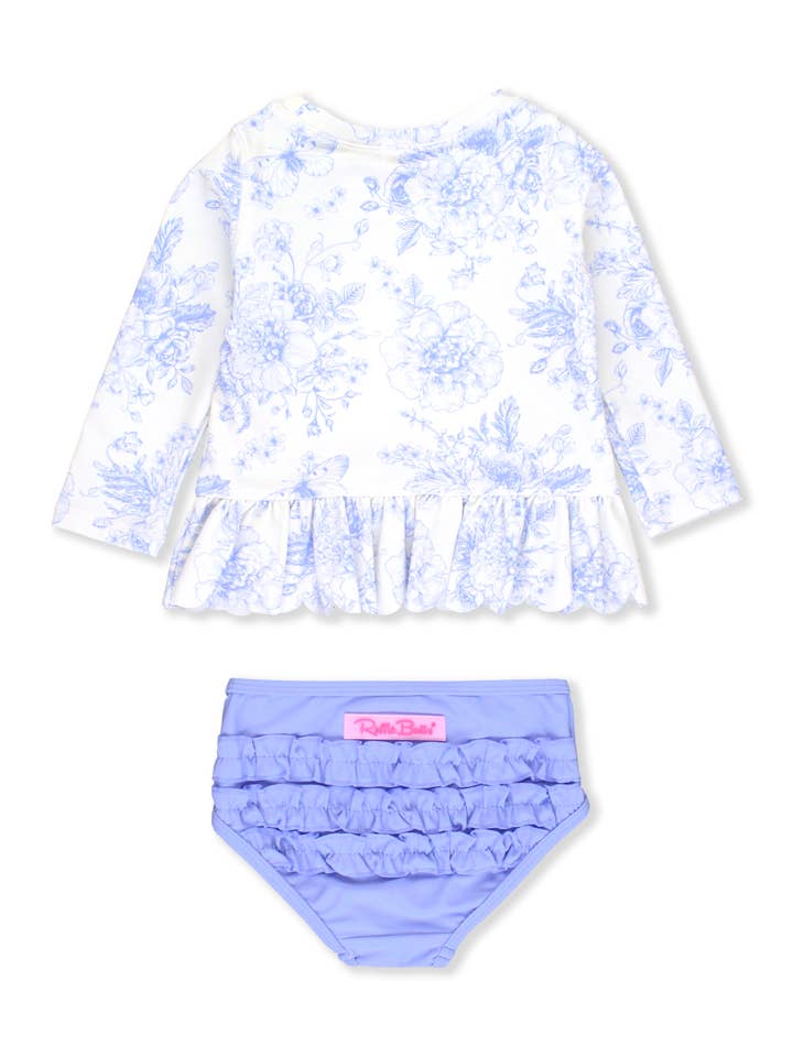 Hvid Piger Periwinkle Butterfly Garden Kammuslingkant Langærmet Rash Guard 2-delt Badedragt med Signatur Bagerste Flæser for engroshandel på Faire1