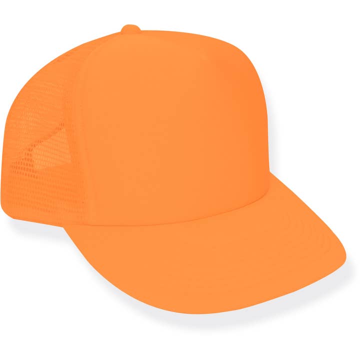 Casquette camionneur orange fluo en maille pour la vente par Neon Tees