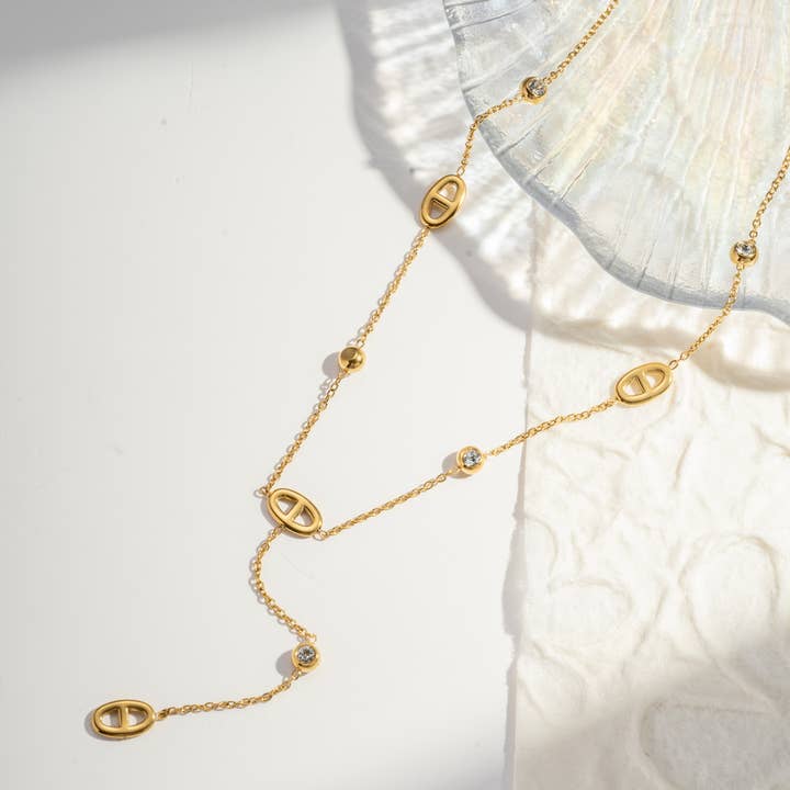 COSMOS - Wholesale Y-Neck/Lariat Necklace - Stainless Steel Necklace in Y Shape Oval & Rhinestones0