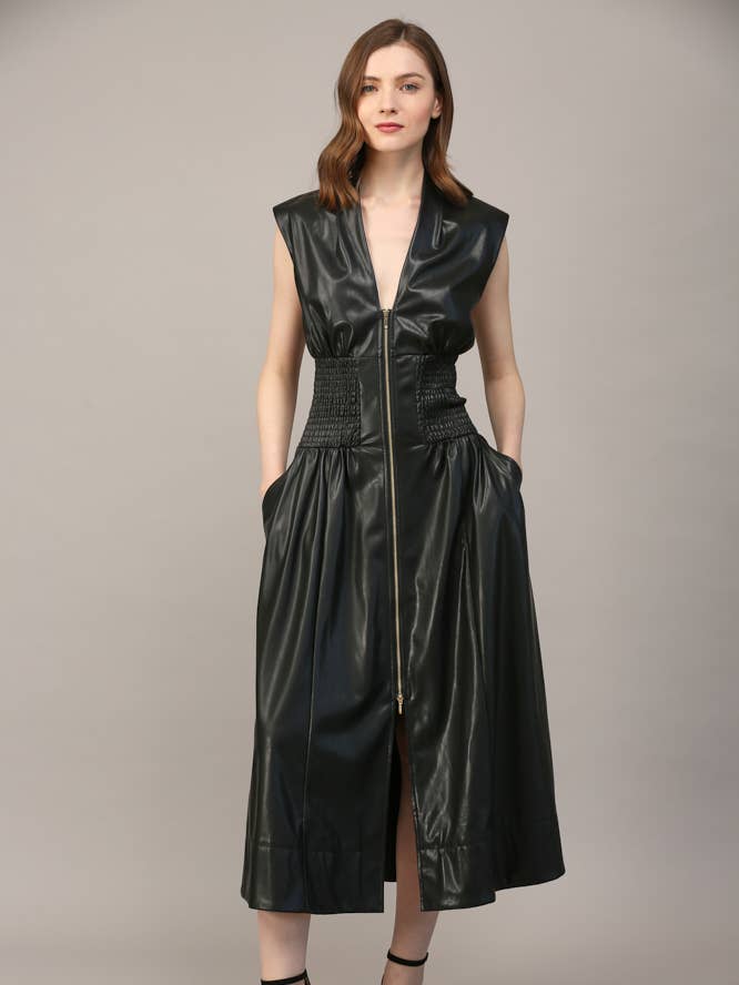 SMOCKED WAIST ZIP FRONT FAUX LEATHER DRESS FD35199 for wholesale by FATE