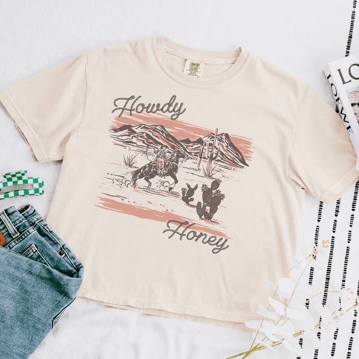 Retro Western Howdy Honey Graphic Tee - Cowgirl Rodeo Shirt for wholesale by Homeward Threads