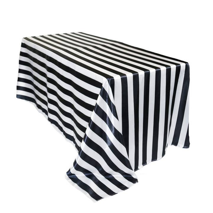 YOUR CHAIR COVERS - Wholesale Tablecloth - 90 x 156 inch Satin Rectangular Tablecloth Black/White Striped
