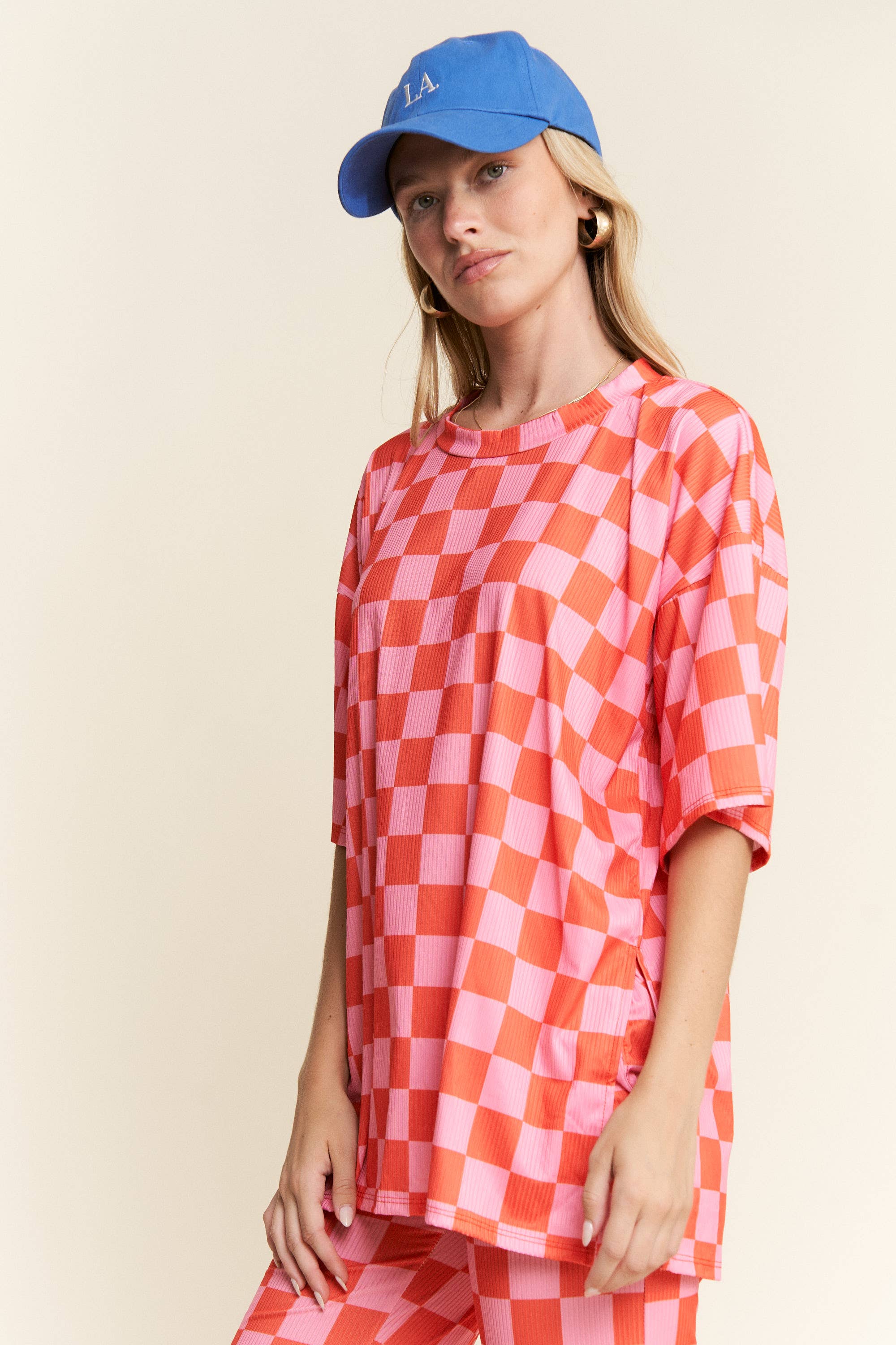 JADE BY JANE - Wholesale Lounge Set - Women's - RIBBED CHECKERED PRINT TOP/STRAIGHT LEG PANTS SET20