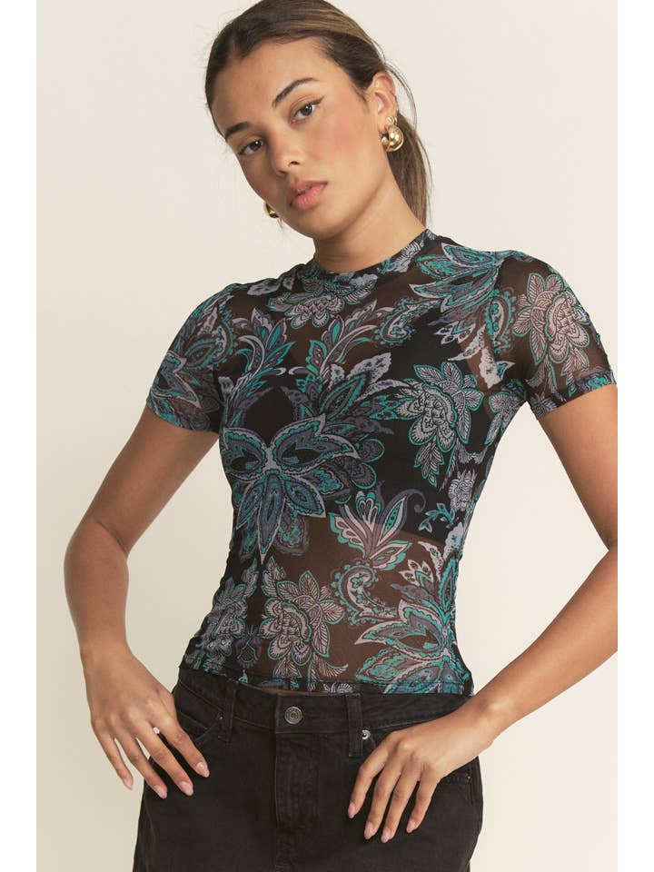 YNEZ - Wholesale Blouse - Women's - Boho Paisley Crew Neck Mesh Dressy Cocktail Top Tee30