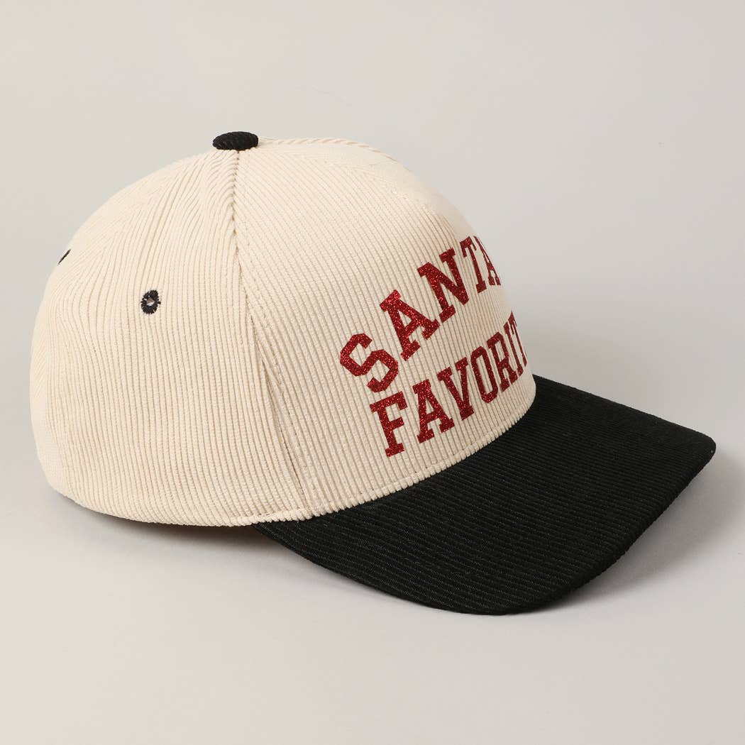 Fashion City - Wholesale Baseball Cap - Unisex - Santa's Favorite Glitter Text 5 Panel Corduroy Cap11