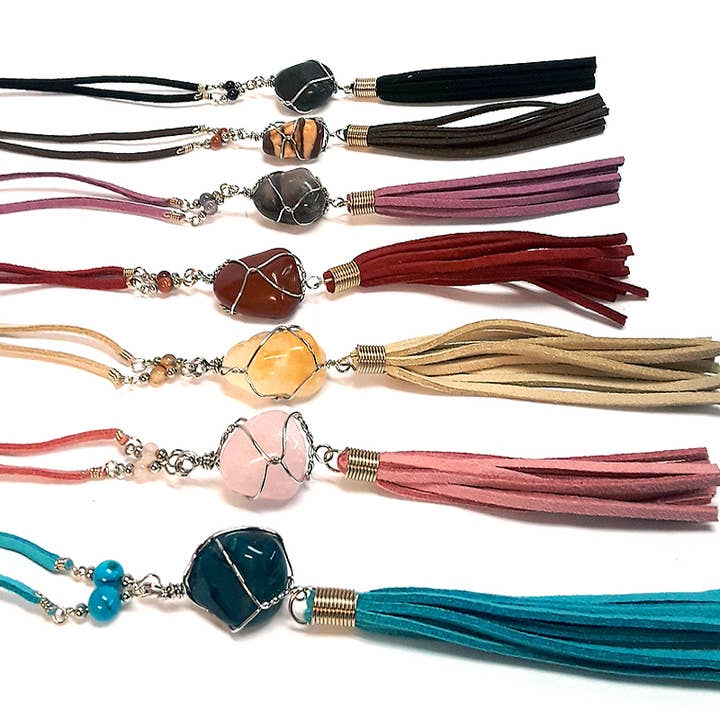 Pichincha - Wholesale Pendant/Charm Necklace - Wire Wrapped Stone Pendant Tassel Dangle Suede Necklace
