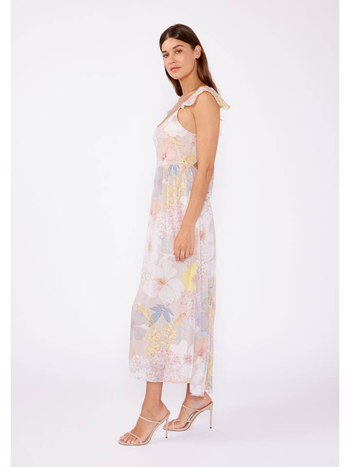 Natural Blue Pastel Floral Flutter Sleeve Tie Back Maxi Dress for wholesale on Faire