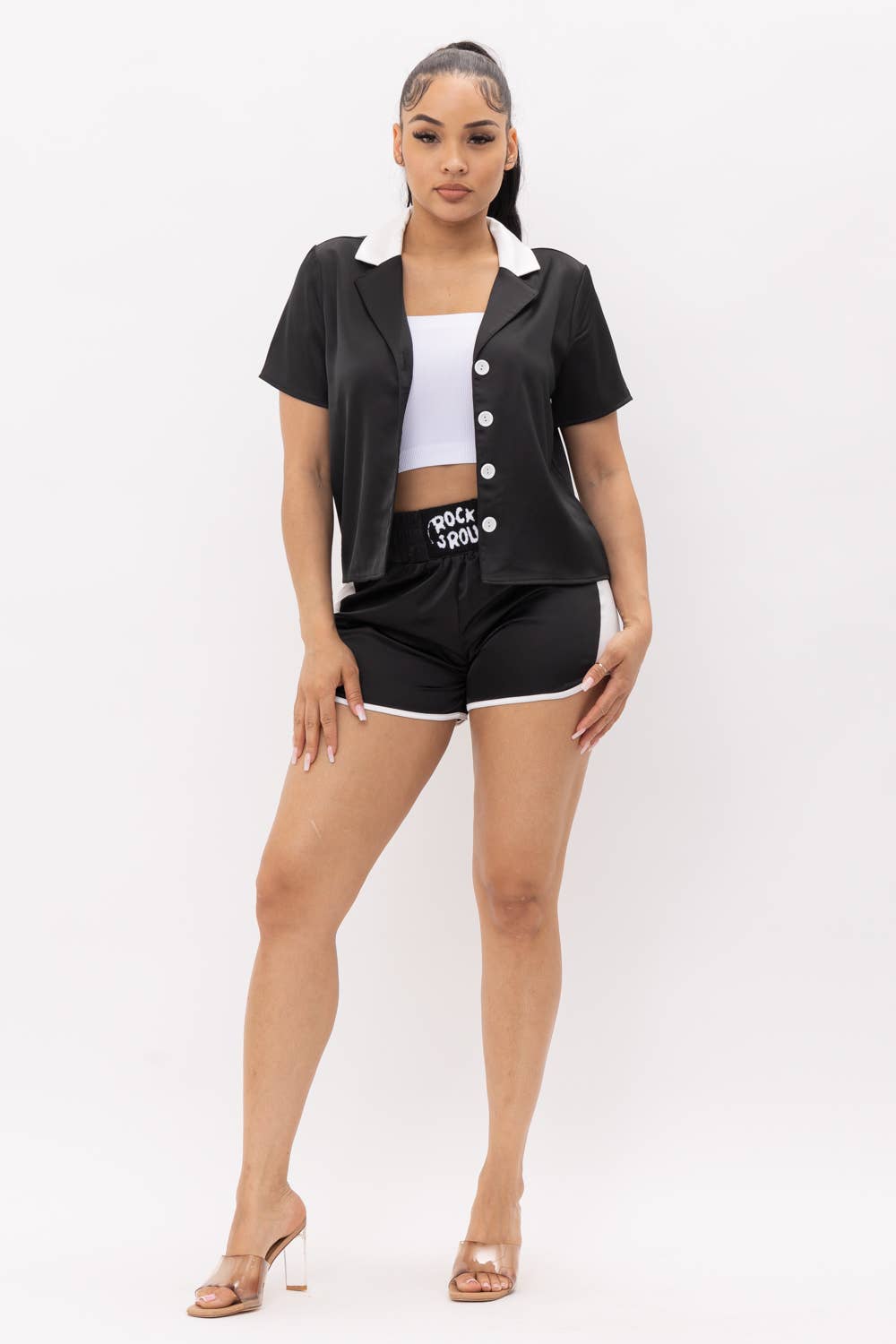 Julia by LoveJ – wholesale Set med topp och shorts – Dam – Button Down kontrast topp och främre Rock & Roll Shorts Set26