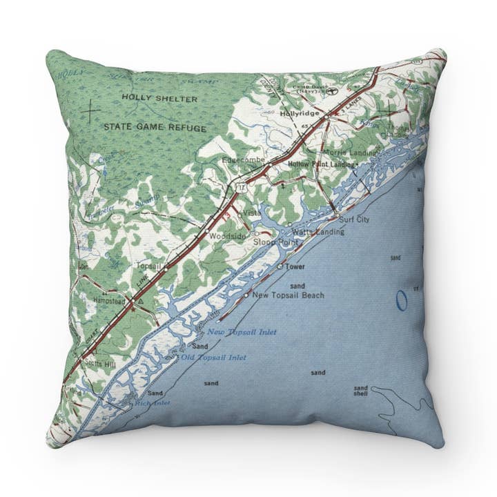 Topsail Island North Carolina Map Pillow for wholesale by Daisy Mae Designs