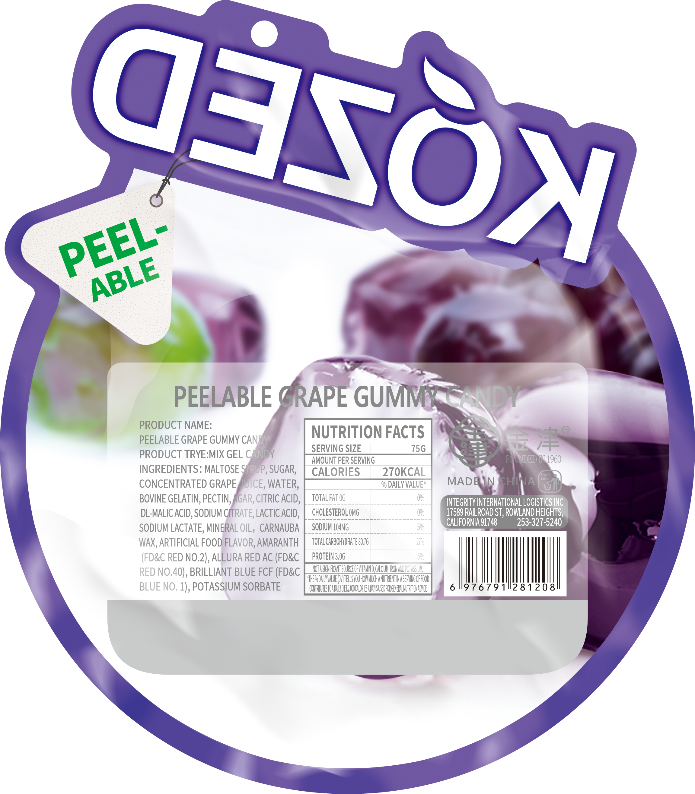Happy Global - Wholesale Gummy - KOZED Peelable Grape Gummy Candy, individual packaged 1
