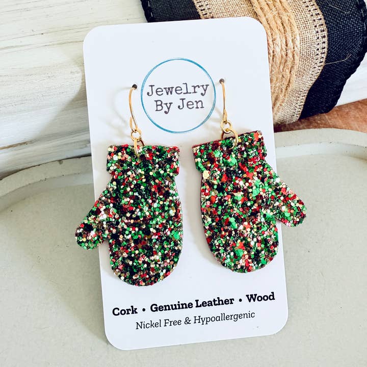 Jewelry By Jen - Wholesale Dangle Earrings - Mitten Earrings: Red, Green and Gold Glitter-Double Sided!2