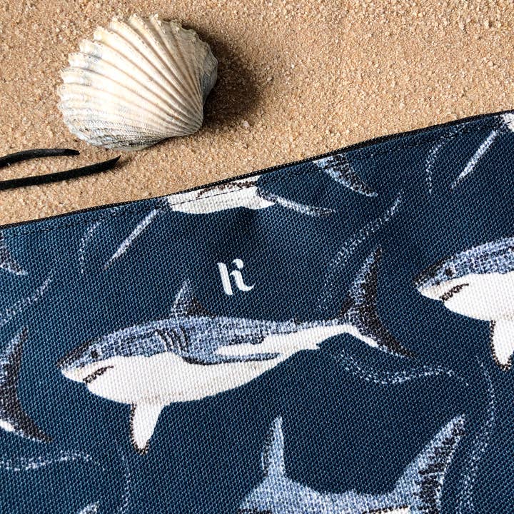 Kelsey Emblow Illustration – wholesale Make-up/cosmetic bag – Shark Pouch (watercolour) Organic Cotton4