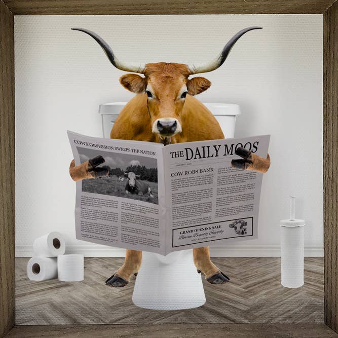 Hangout Home - Wholesale Bathroom Sign - Longhorn Cow on Toilet Farmhouse Sign - Funny Bathroom Art0