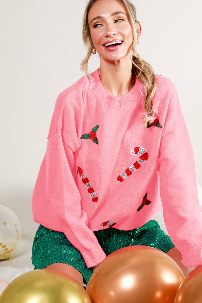 Vine & Love - Venta al por mayor Jersey de punto - Mujer - Jersey con cuello redondo adornado con lentejuelas de bastón de caramelo VT81743B13