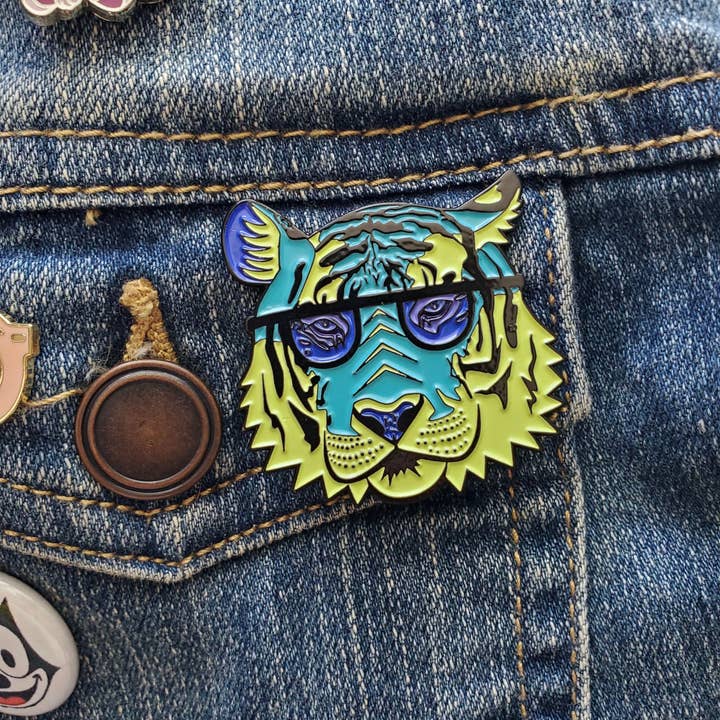 Brianna Gardocki Art - Wholesale Lapel Pin/Button - Pink and Blue Tiger Enamel Pin, Cool, Cat2
