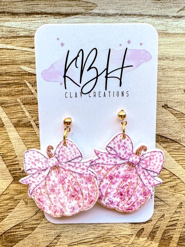 Pink Floral Pumpkin Dangle Handmade Clay Earrings for wholesale by KBH CREATIONS