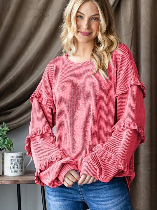 T0068HE16-SOLID URBAN RIBBED PUFF SLEEVE TOP WITH SHIRRING for wholesale by Sunday Morning