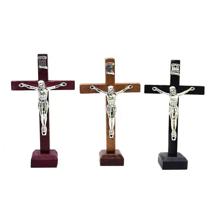 Handmade Wooden Saint Benedict Standing Cross – 6x10.5cm  for wholesale by Xcelerate Health