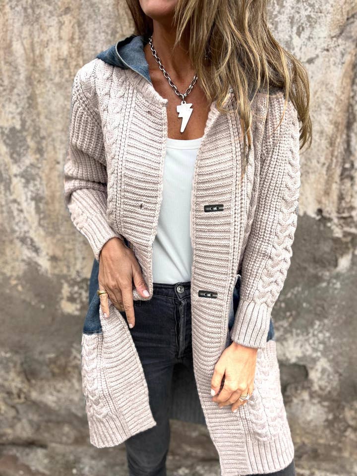 Rosa Clothing - Wholesale Cardigan - Women's - Vintage Style Denim Patchwork Hooded Knit Cardigan1