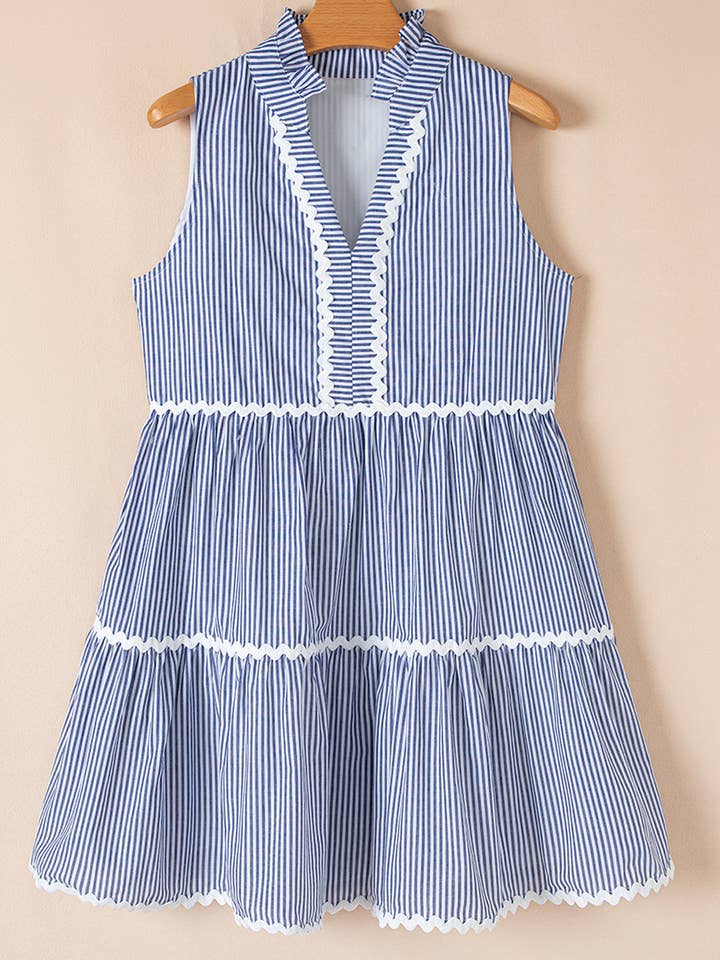 Blue Stripe Sleeveless Notched V Neck Contrast Ric Rac Mini Dress for wholesale on Faire