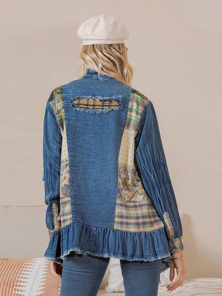 Young Threads - Wholesale Button Down Shirt - Women's - Western Boho Chic: Patched Denim Shrug ALSO IN PLUS