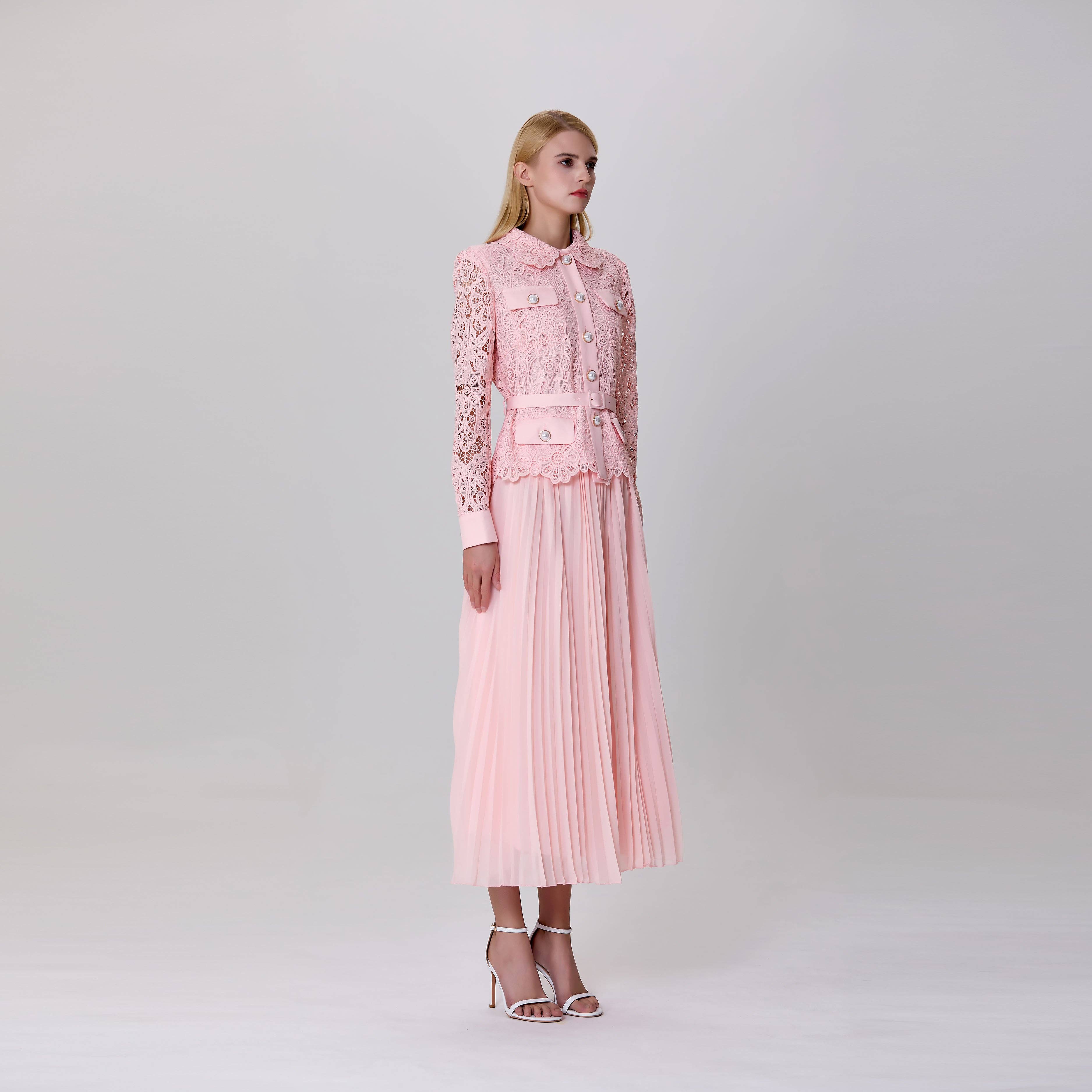 Pale pink All-in-one dress with lace jacket and pleated skirt for wholesale on Faire2
