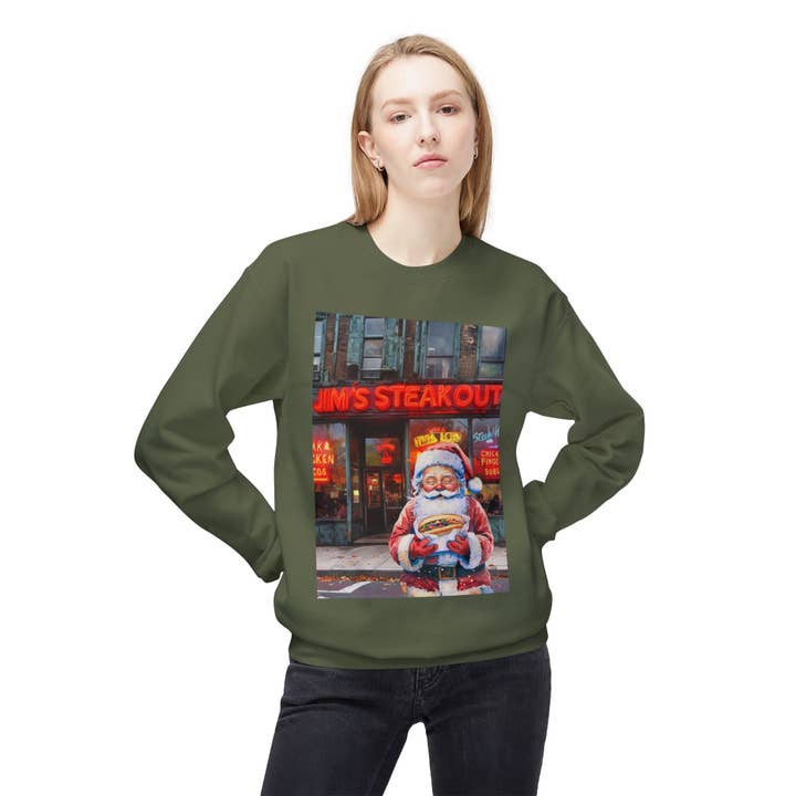 Buffalovely - Wholesale Graphic Sweatshirt - Unisex - Santa with a Hoagie at Jim's Steakout Unisex Cozy Crewneck Sweatshirt26
