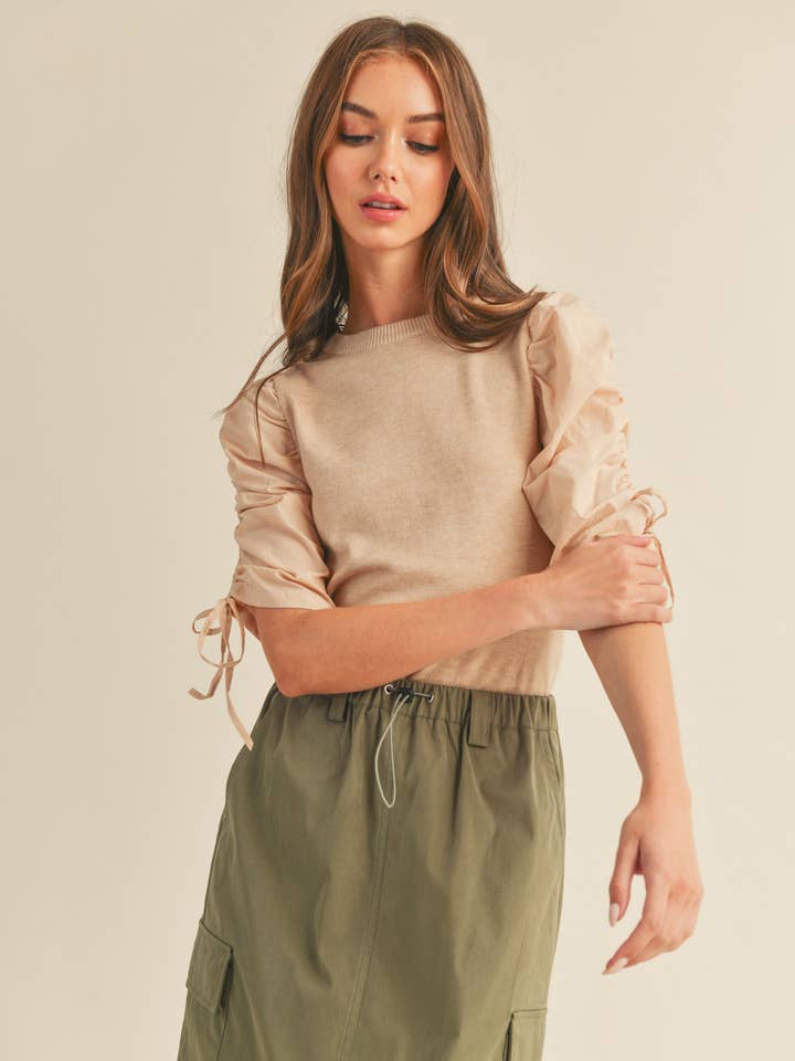 &MERCI - Wholesale Knit Top - Women's - RUCHED SLEEVE MIXED MEDIA TOP MSW24643