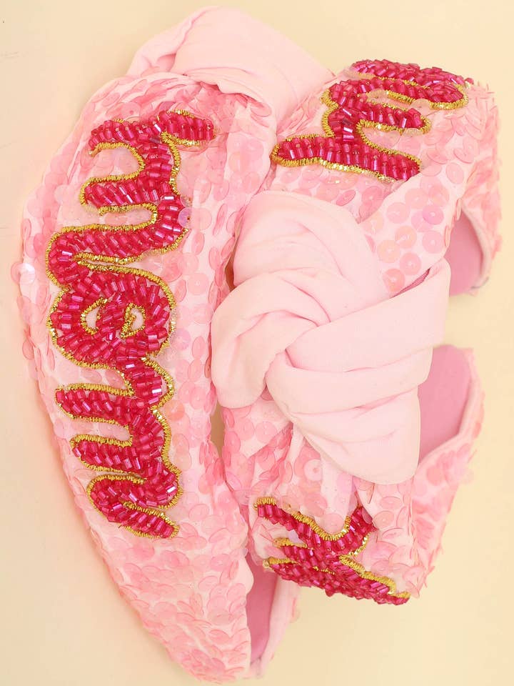 "MOM" Sequin and Seed Bead Top Knotted Headband for wholesale by SP Sophia Collection