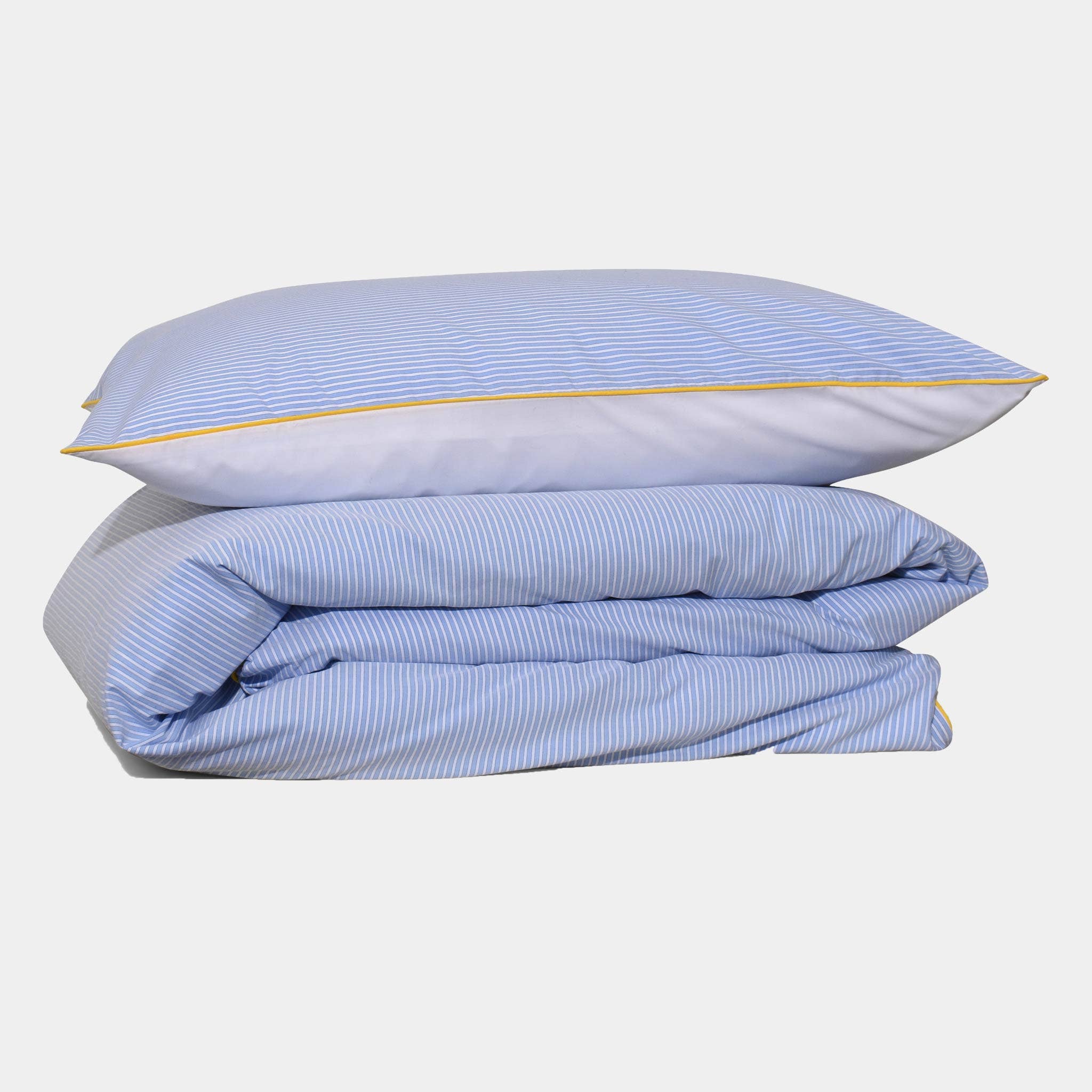 HOMEHAGEN – Conjuntos de cama por atacado – Conjunto de roupa de cama em percal de algodão - Risca azul com debrum amarelo1