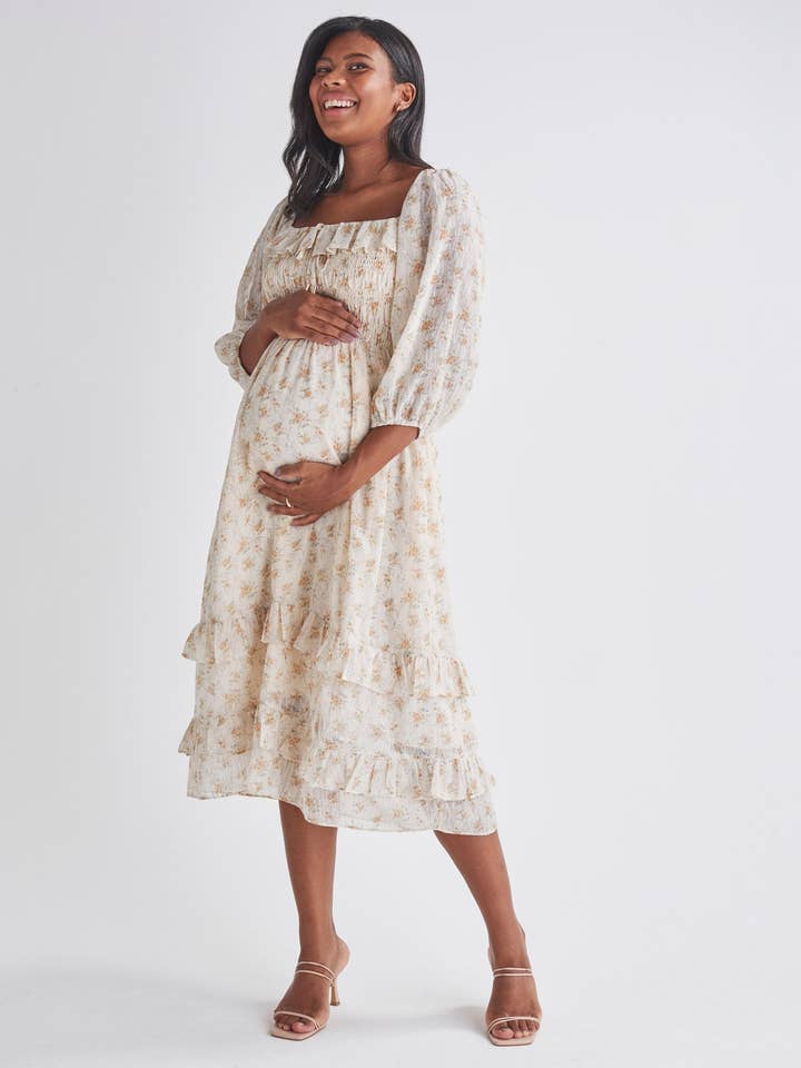 Angel Maternity - Wholesale Dress - Maternity - Daisy Romantic Cream Print Maternity Baby Shower Dress