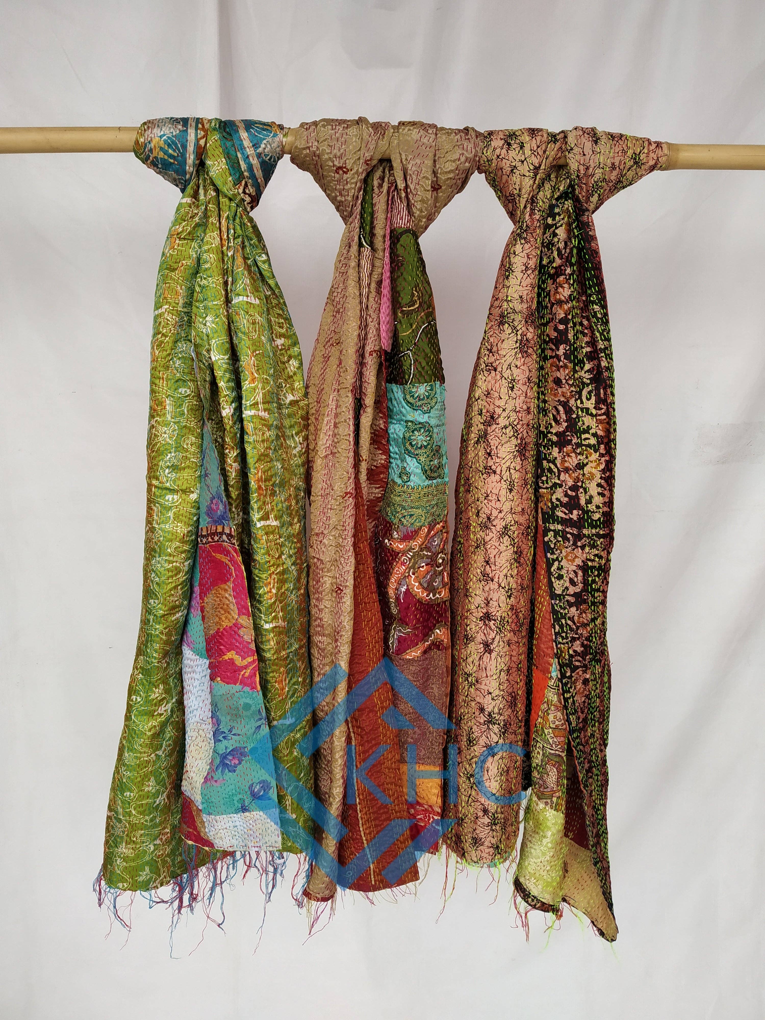 KHC - Wholesale Scarf - Women's - Indian Handmade Kantha Patchwork Silk Scarves Lot Of 5 Pcs1