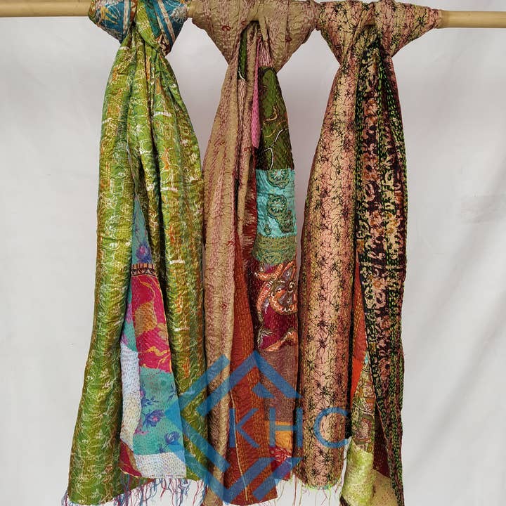 KHC - Wholesale Scarf - Women's - Indian Handmade Kantha Patchwork Silk Scarves Lot Of 5 Pcs1