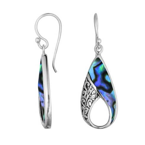 AE-6198-AB Sterling Silver Pear Shape Earrings With Abalone Shell And Filigree Detailing for wholesale by Bali Designs