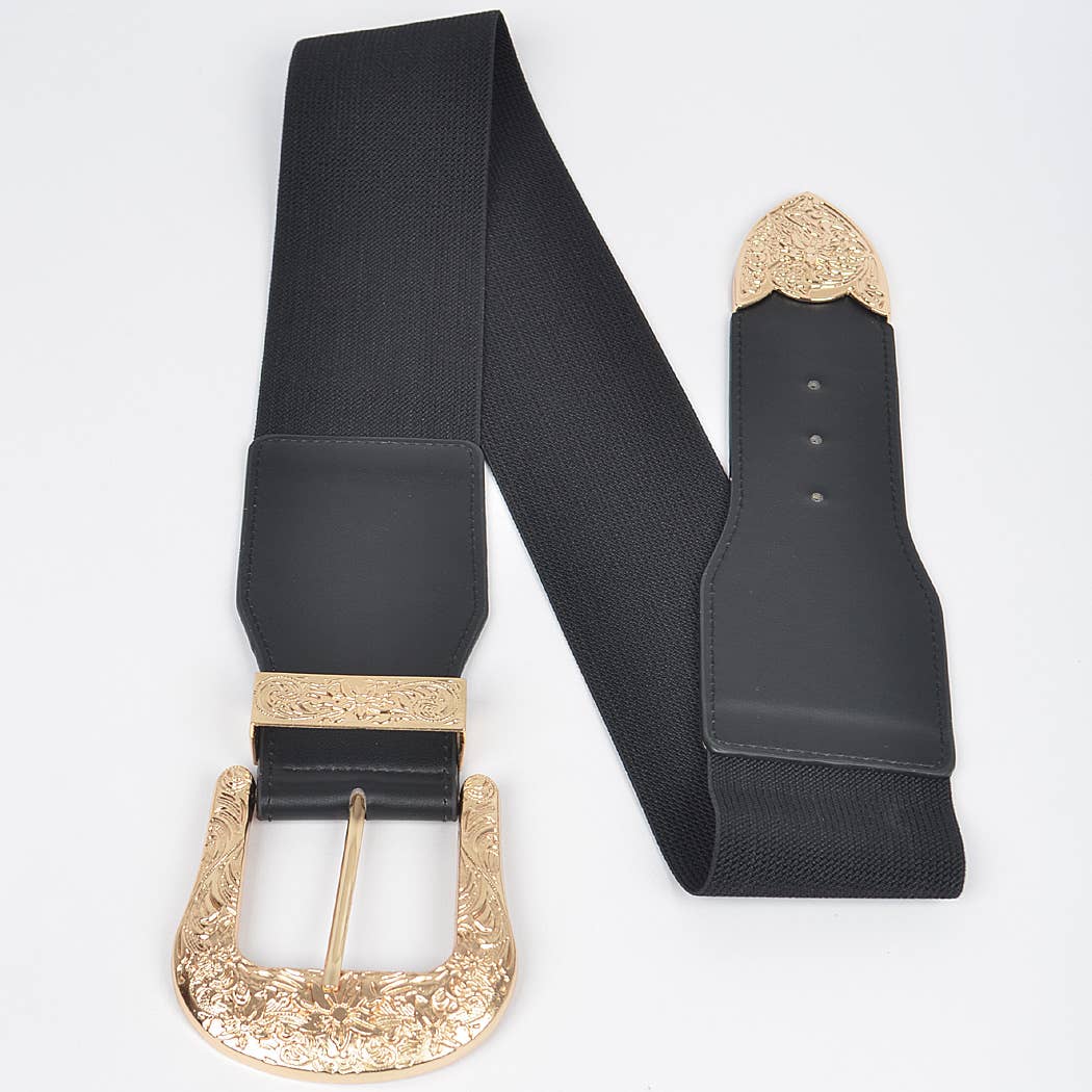 Black Gold Wide Multi Metal Plus Size Elastic Belt for wholesale on Faire4