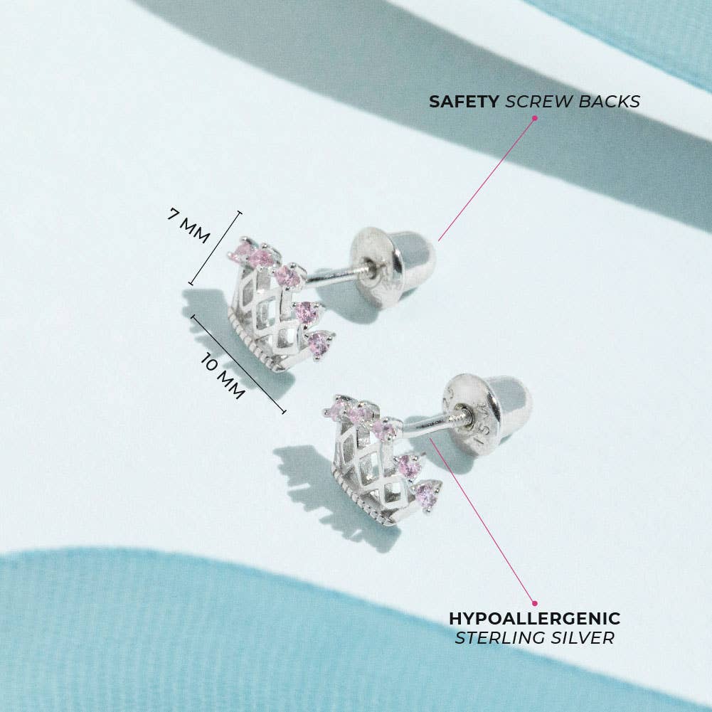 In Season Jewelry - Wholesale Earrings - Kids - 5 Point CZ Crown Baby / Toddler Earrings - Sterling Silver10