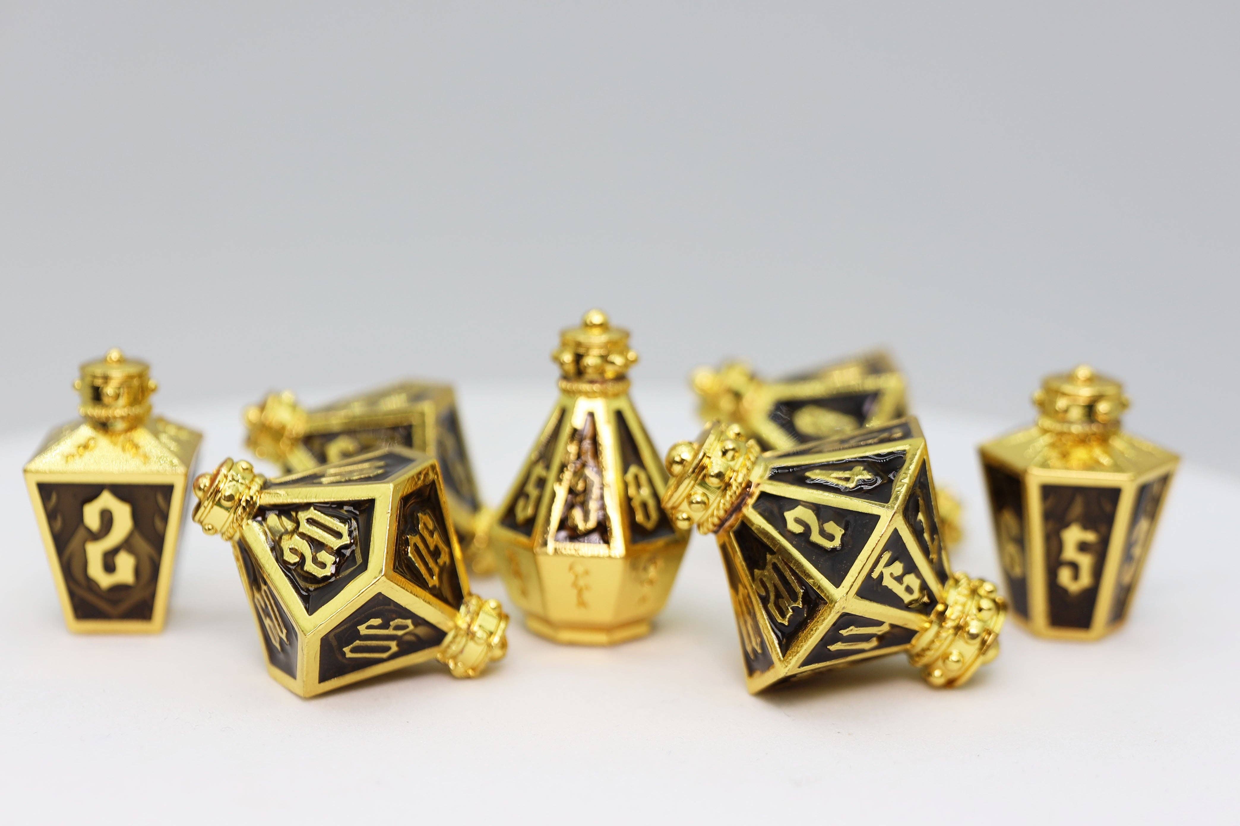 Foam Brain Games - Wholesale Dice - Moonlit Lantern: Golden Earthen Flame - Metal RPG Dice Set5