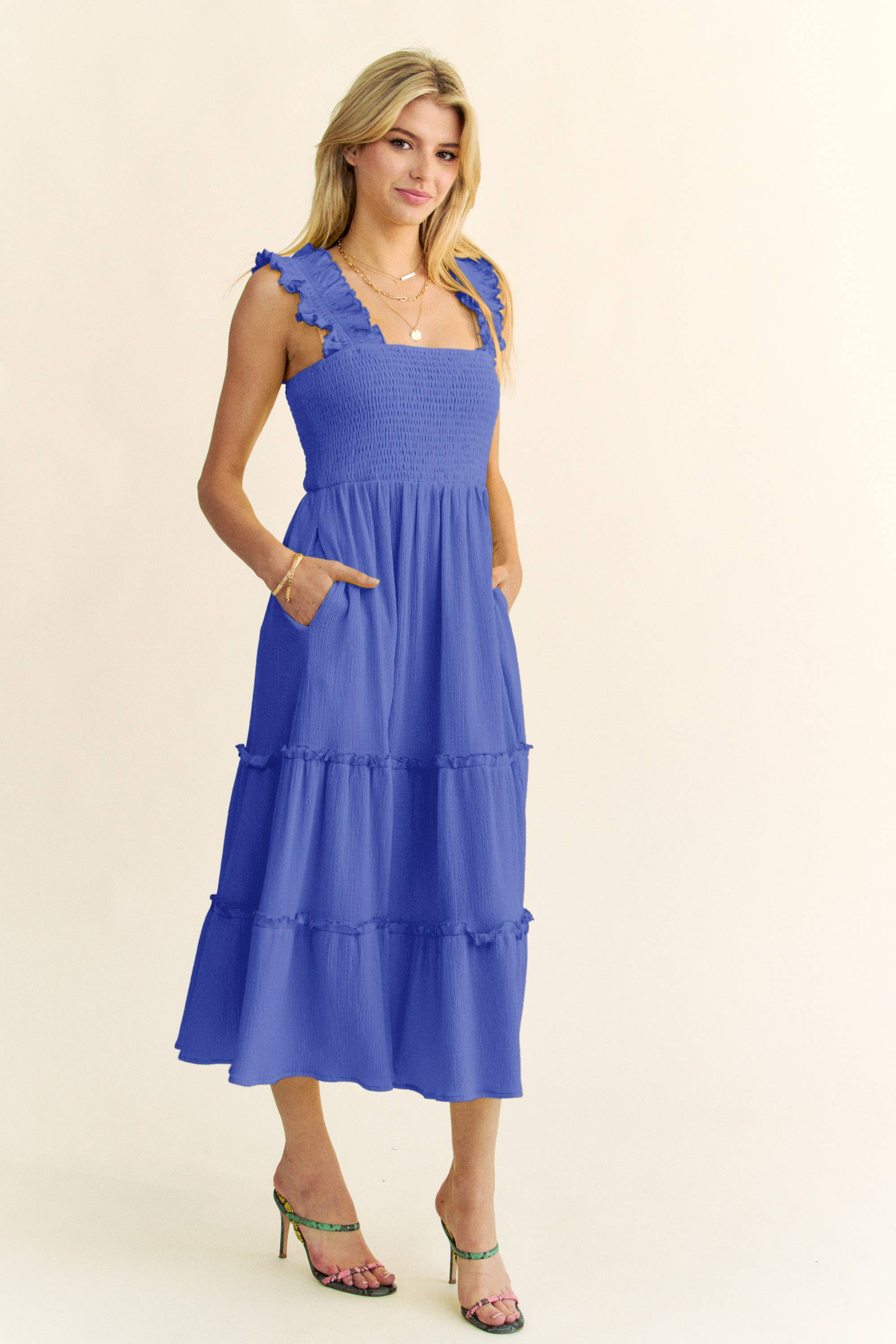 Davi & Dani - Wholesale Dress - Women's - PLUS SMOCING BODICE RUFFLE DETAIL SHIRRED DRESS18