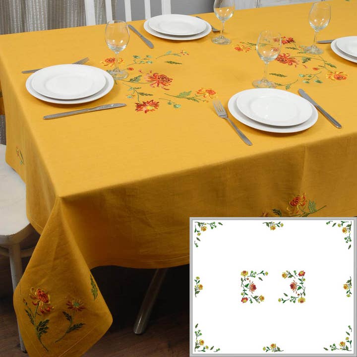 Tovaglia in Lino Ricamata 180x140 cm Crisantemo per la vendita all'ingrosso da parte di Harmony Textile