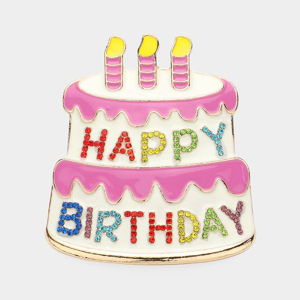 Sensibling Corp. - Wholesale Brooch - Stone Paved HAPPY BIRTHDAY Enamel Birthday Cake Pin Brooch