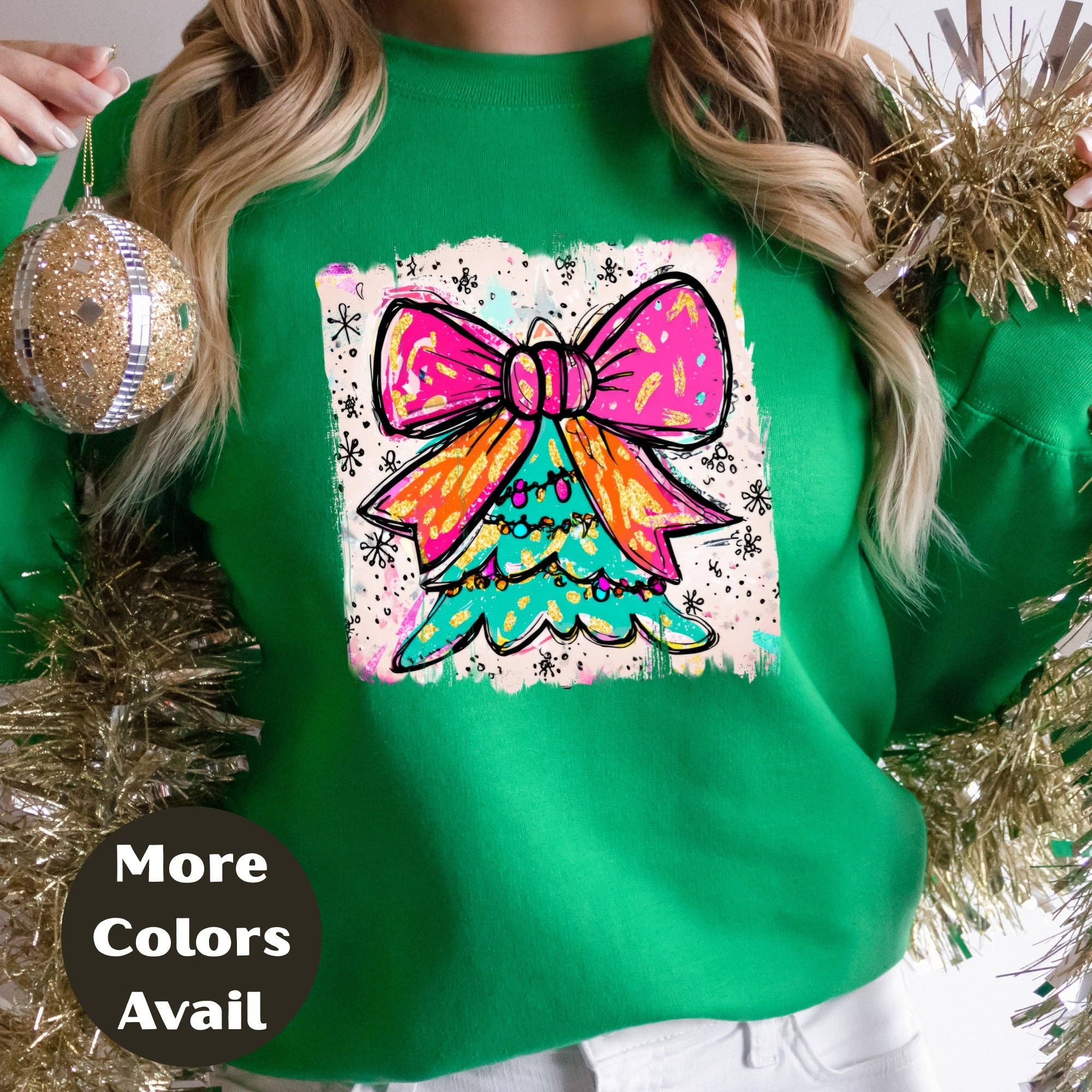 Epic Life  - Designed – wholesale Screen printed t-shirt – Women′s – Bright Bow Christmas Tree Shirt – Neon Holiday Tee S-4XL – Colorful Festive Christmas Top – Funky Tree Shirt – Multiple Colors7