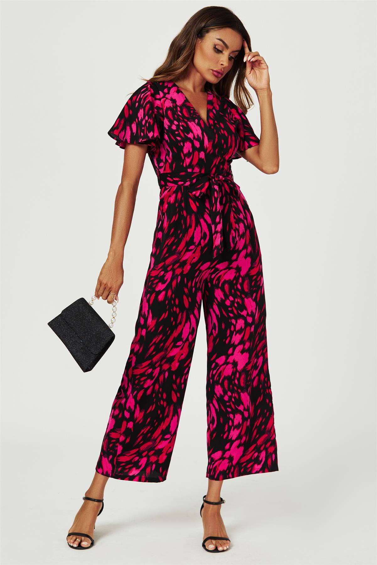Pink Abstract Print Wrap Top Jumpsuit In Black for wholesale on Faire1