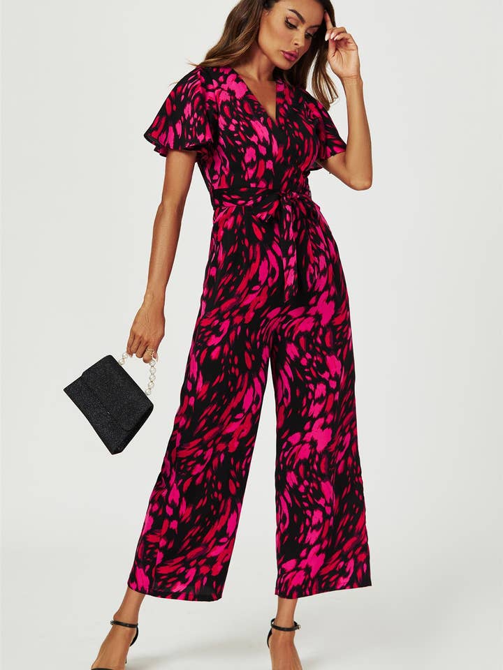 Pink Abstract Print Wrap Top Jumpsuit In Black for wholesale on Faire1