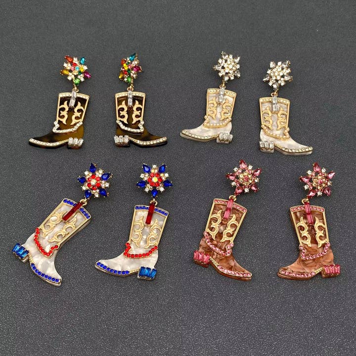 Mio Queena - Vendita all'ingrosso Orecchini pendenti - Orecchini a bottone a stivale western con strass incastonati